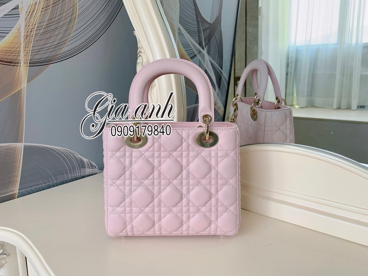Túi small lady Dior bag hồng pearlescent lotus cannage da cừu best quality