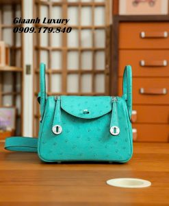 Túi Xách Hermes Lindy mini Da Đà Điểu Màu Xanh Handmade 02