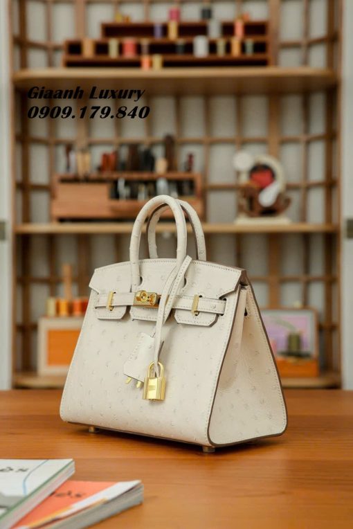 Túi Xách HM Birkin Da Đà Điểu Chuẩn Auth Màu Craie Size 20 cm