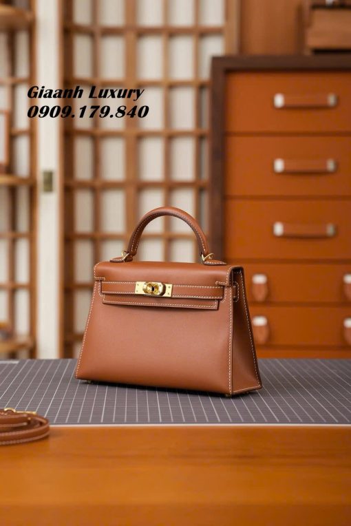 Túi Xách Hermes Kelly Mini Hàng Hiệu Màu Gold khóa vàng bản cao cấp luxury