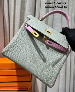 Túi Hermes Kelly Da Cá Sấu 25 cm Mix Màu xám và hồng vip