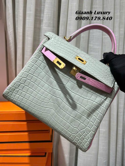 Túi Hermes Kelly Da Cá Sấu 25 cm Mix Màu xám và hồng vip