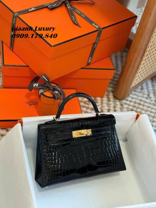 Túi Xách Hermes Kelly mini 19 cm da cá sấu màu đen