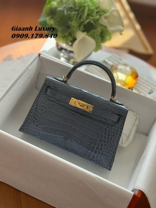 Túi Xách Hermes Kelly mini 19 cm da cá sấu màu xám grey 06