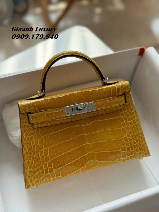 Túi Xách Hermes Kelly mini 19 cm da cá sấu màu vàng 09