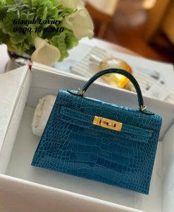 Túi Xách Hermes Kelly mini 19 cm da cá sấu Màu xanh dương 02