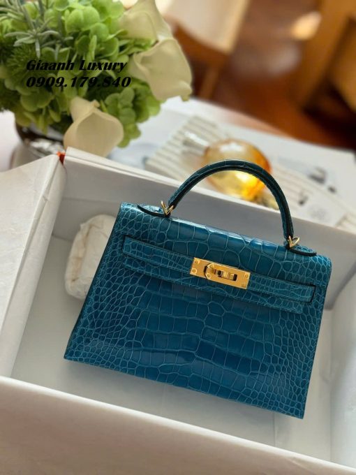 Túi Xách Hermes Kelly mini 19 cm da cá sấu Màu xanh dương 02