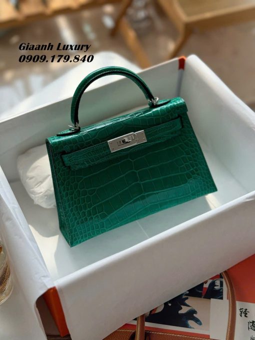 Túi Xách Hermes Kelly mini 19 cm da cá sấu Màu xanh lá 03