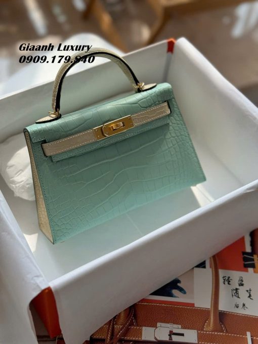 Túi Xách Hermes Kelly mini 19 cm da cá sấu mix hai màu 05