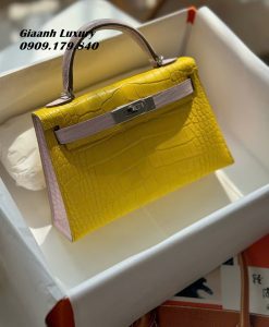 Túi Xách Hermes Kelly mini 19 cm da cá sấu mix hai vàng hồng 06