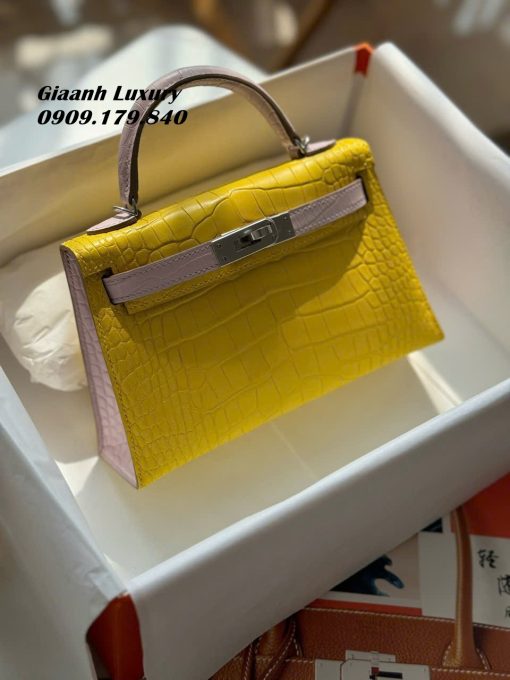 Túi Xách Hermes Kelly mini 19 cm da cá sấu mix hai vàng hồng 06