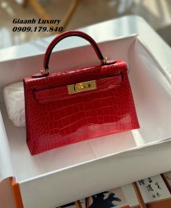 Túi Xách Hermes Kelly mini 19 cm da cá sấu màu đỏ 07