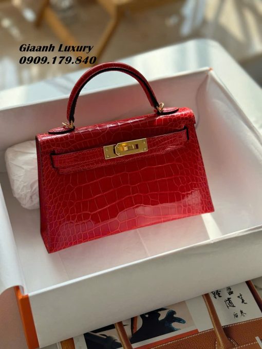 Túi Xách Hermes Kelly mini 19 cm da cá sấu màu đỏ 07