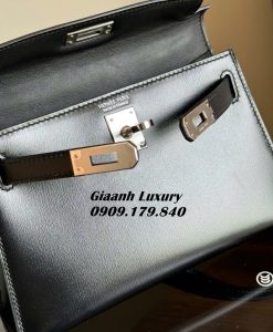 Túi Hermes Kelly Mini Luxury Da Box Màu đen Khóa trắng