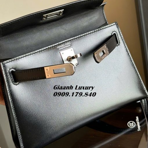 Túi Hermes Kelly Mini Luxury Da Box Màu đen Khóa trắng