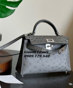 Túi Hermes Kelly Mini 19 CM Da Đà Điểu màu xám Replica