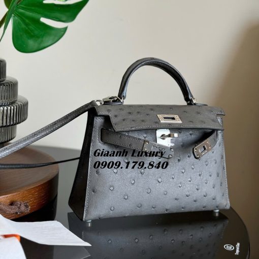 Túi Hermes Kelly Mini 19 CM Da Đà Điểu màu xám Replica