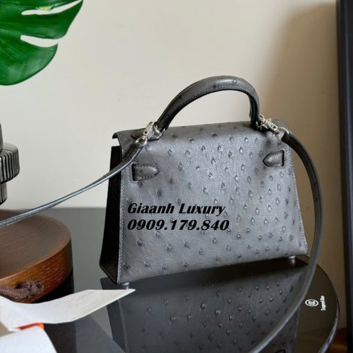 Túi Hermes Kelly Mini 19 CM Da Đà Điểu màu xám Nhập khẩu 1