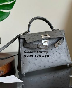 Túi Hermes Kelly Mini 19 CM Da Đà Điểu màu xám Chuẩn Hàng Hiệu