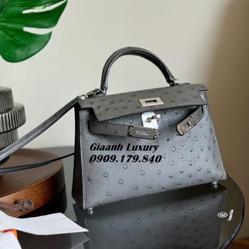 Túi Hermes Kelly Mini 19 CM Da Đà Điểu màu xám Chuẩn Hàng Hiệu