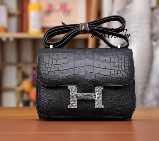 Túi Hermes Constance Da Cá Sấu Mờ Màu Noir Vip 03